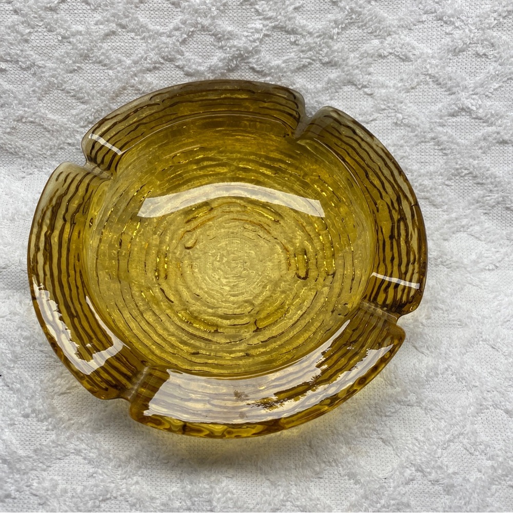 Anchor Hocking Soreno Ashtray Amber Gold Ribbed Glass MCM Vintage 6-1/4 Inch